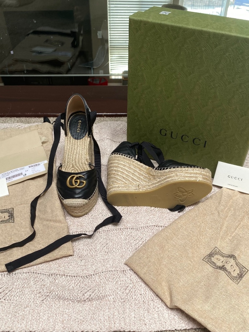 Gucci black monogram espadrilles with ankle ties